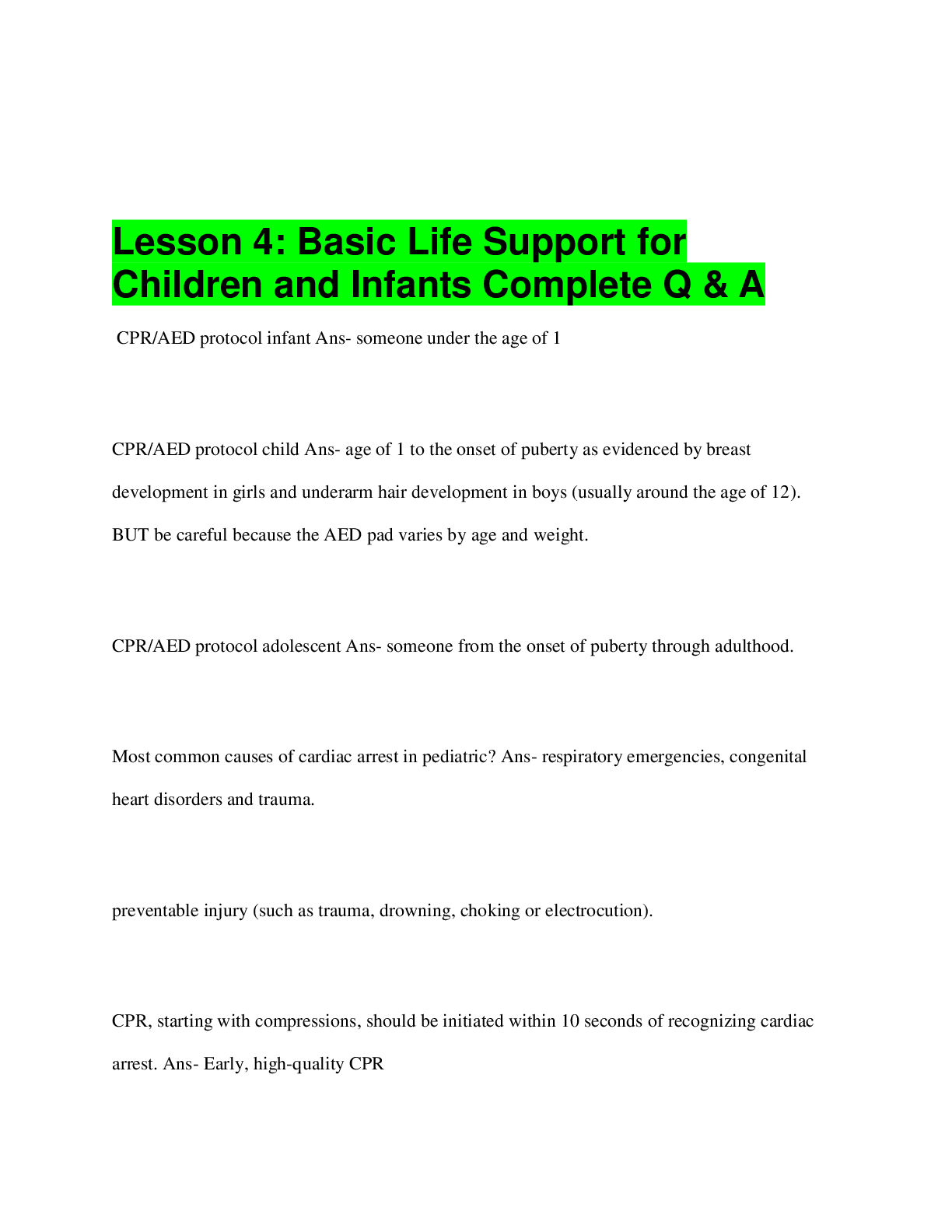 Preview image for Lesson 4: Basic Life Support for  Children and Infants Complete Q & A